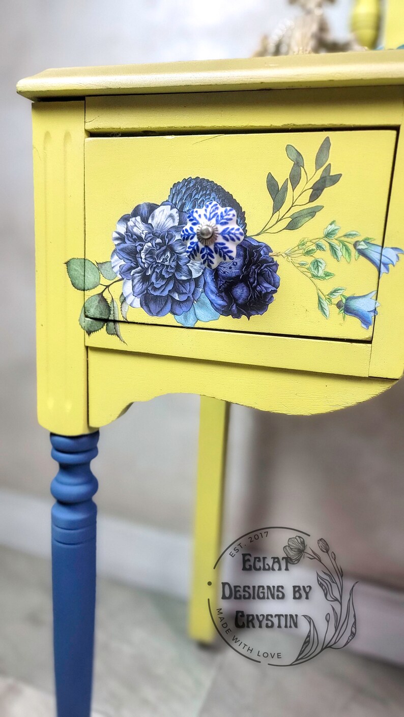 Yellow Vanity With Mirror, Makeup Table, Dressing Table, Hand Painted, Wood, Antique Table