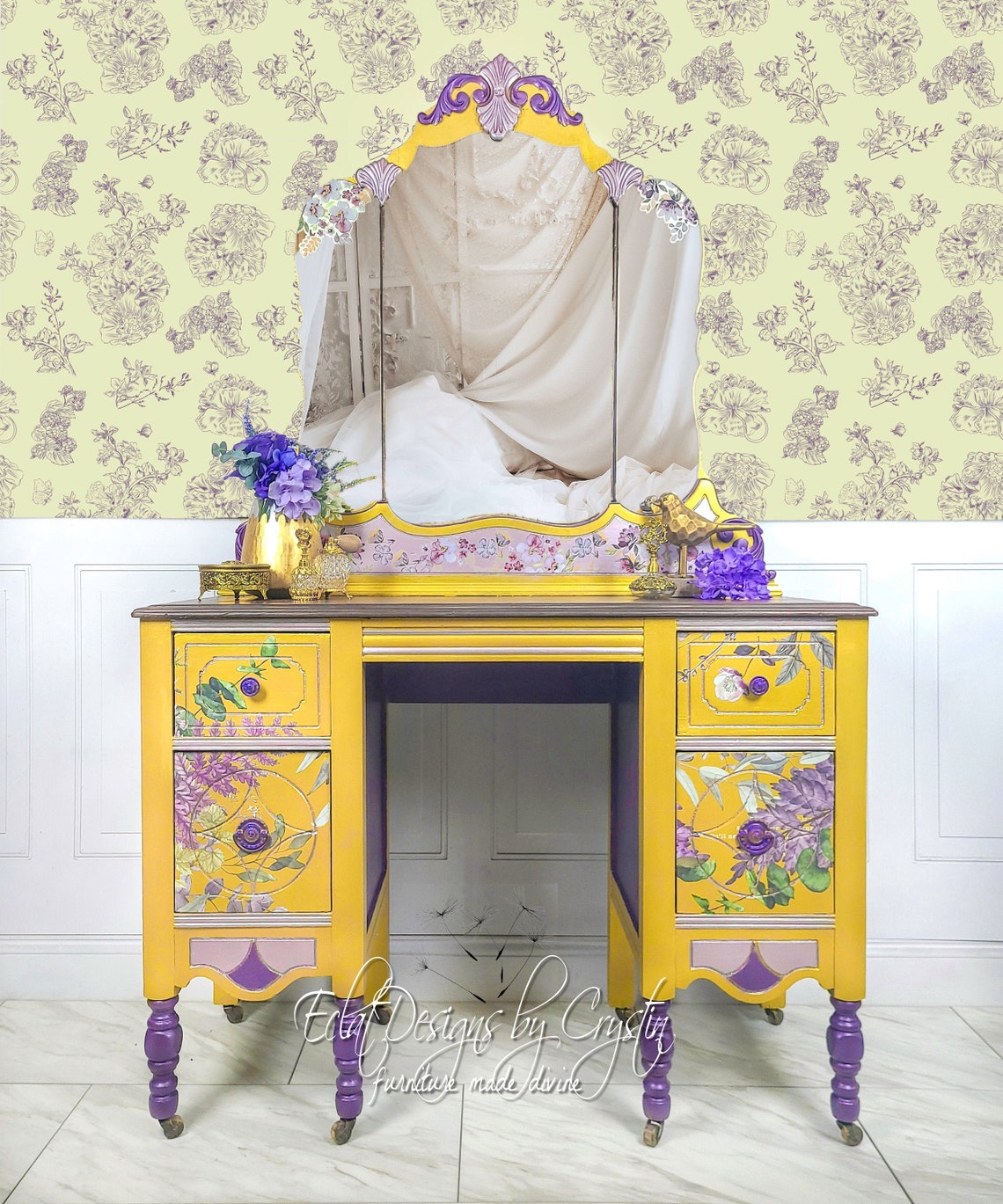 Yellow and Purple Vanity/ Lavender Flowers/ Irises/ Painted Etsy
