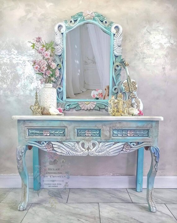 SOLD Swan Lake Foyer Table with Mirror | Wooden Entryway Desk | Hand painted | Handmade | Hallway Table