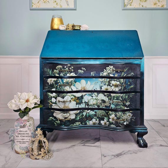 Night Garden of Lotus and Blooms Secretary Desk - Hand Painted Antique Desk with Turquoise and Blue Galaxy Paint, 4 Drawers, Flip Top Desk