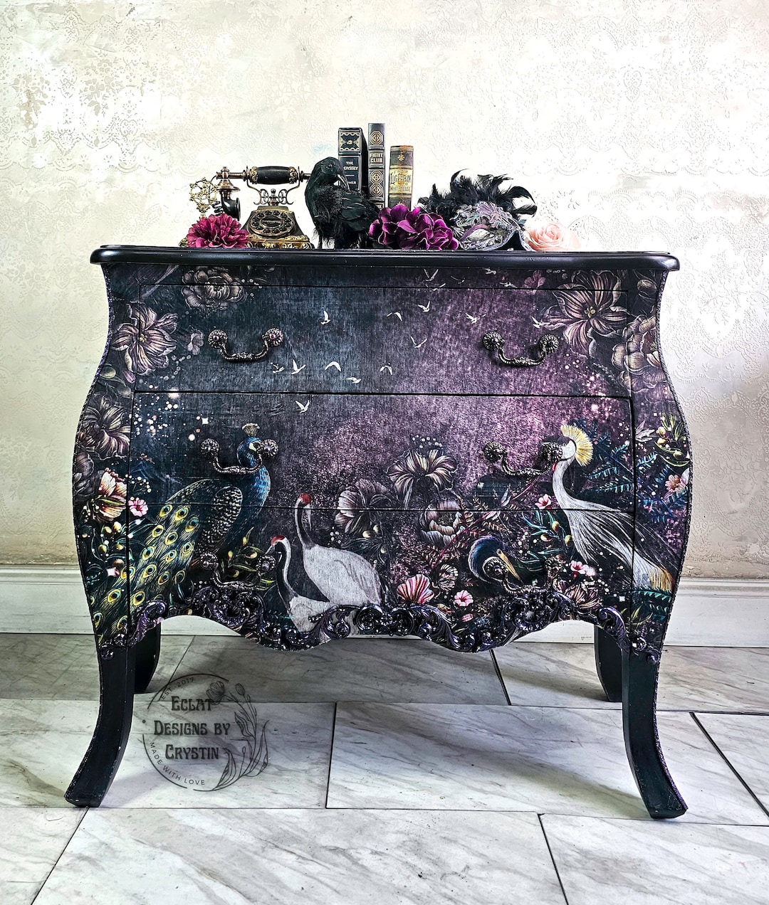 Custom Midnight Garden Birds and Blooms Bombe Chest, Side Table