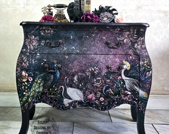 SOLD Midnight Garden Birds and Blooms Bombe Chest, Side Table Drawer Hand painted Furniture Accent Table, Handmade End Table, Nightstand