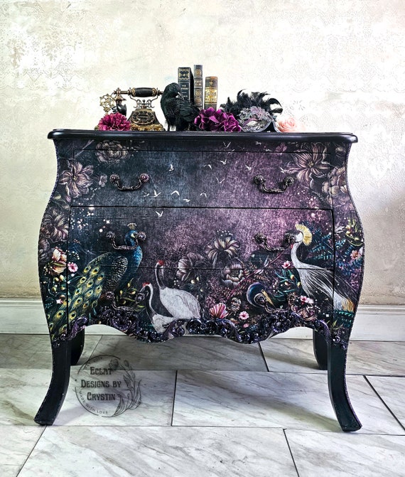 SOLD Midnight Garden Birds and Blooms Bombe Chest, Side Table Drawer Hand painted Furniture Accent Table, Handmade End Table, Nightstand