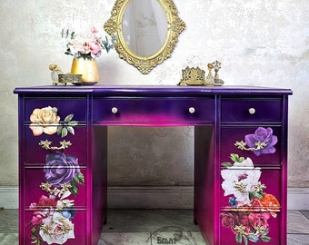 Bureau ombré fuschia, vanité, meubles de table en bois, peint à la main, upcyclé, meubles de bureau