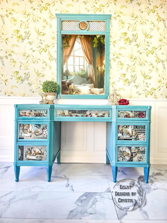 Alice in Wonderland Hand-Crafted Blue Vanity Table with Gold Harlequin Pattern
