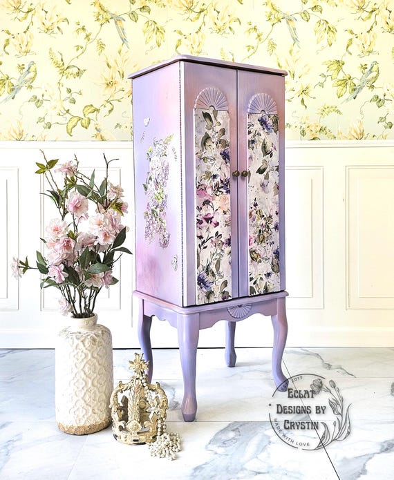 Lavender Spring Floral Hand-Painted Jewelry Armoire - Exquisite Ring, Earring, & Necklace Organizer
