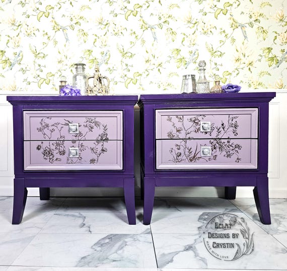 Silver Birds and Blossoms Handmade Purple Nightstands with Silver Harlequin Sides and 2 Drawers