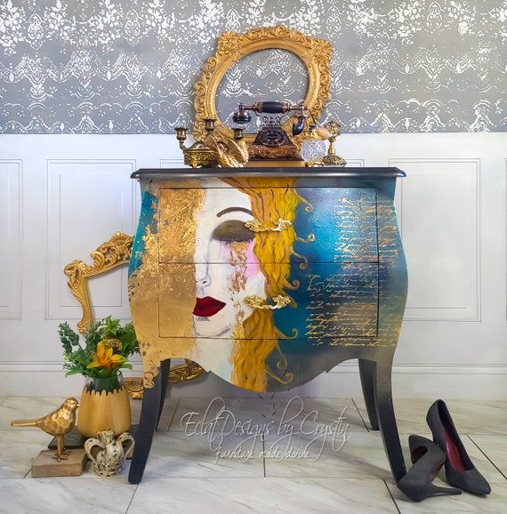 Custom made, Freya's Tears Painted Modern Antique bombe chest, End Table, Home Decor Furniture