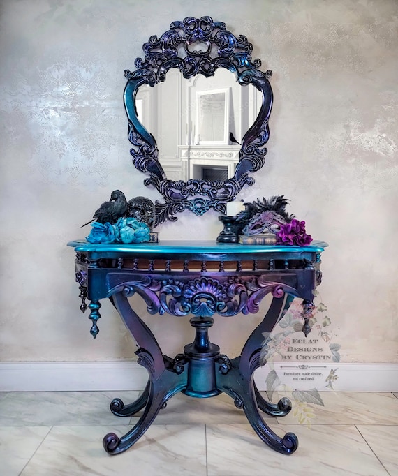 SOLD Goth, Mermaid - Carnival Glass Colors - Foyer Table - Painted Boho Furniture - Custom Furniture - Handmade Table- Handpainted