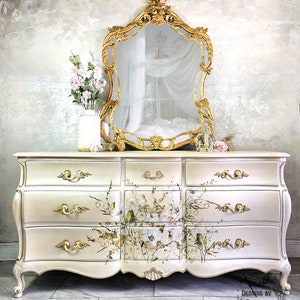 Pearly Floral Dresser, Chest of Drawers, Antique Furniture, Bedroom Drawers, Wide Dresser, Handmade, Hand-painted
