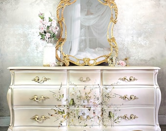 Pearly Floral Dresser, Chest of Drawers, Antique Furniture, Bedroom Drawers, Wide Dresser, Handmade, Hand-painted
