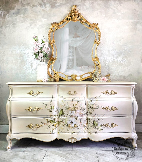 Pearly Floral Dresser, Chest of Drawers, Antique Furniture, Bedroom Drawers, Wide Dresser, Handmade, Hand-painted