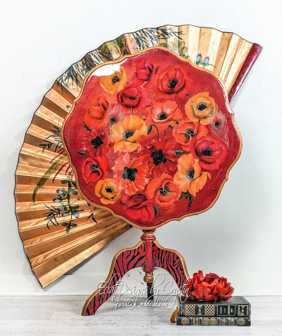 Wild Poppies Tilt Top Red Side Table| Accent Table | End Table | Folding Table | Red Table| Boho Furniture | Painted Furniture| Upcylced