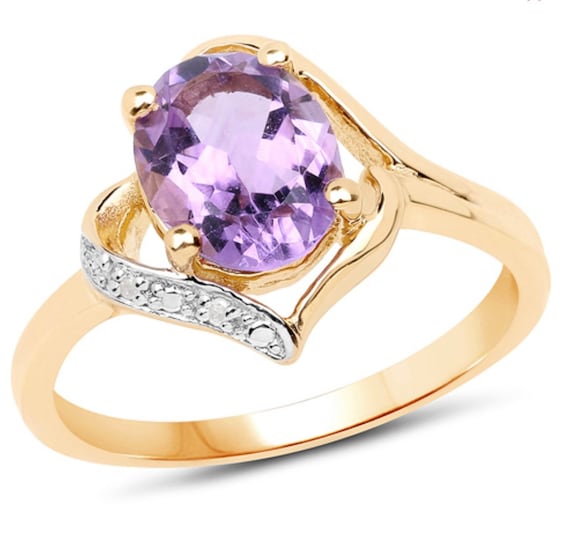 14K Yellow Gold Plated 1.61 Carat Genuine Amethyst And White Diamond