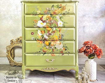 Fall Harvest Antique Chest of Drawers – Hand-painted, Upcycled Metallic Sage Green Wood Dresser
