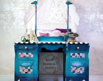 Whimsical Peacock Vanity, Bedroom Table, Top Mirror, Checkerboard, Drawers, Hand painted, Handmade, Antique, Wood, Upcycled