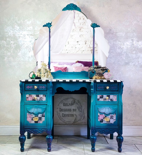 Whimsical Peacock Vanity, Bedroom Table, Top Mirror, Checkerboard, Drawers, Hand painted, Handmade, Antique, Wood, Upcycled