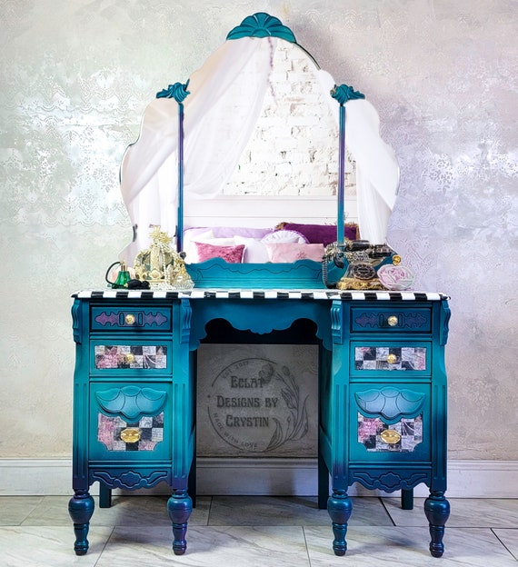 Whimsical Peacock Vanity, Bedroom Table, Top Mirror, Checkerboard, Drawers, Hand painted, Handmade, Antique, Wood, Upcycled
