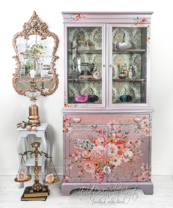 Custom Rose China Cabinet, Hutch, Spring Floral Design, Handpainted