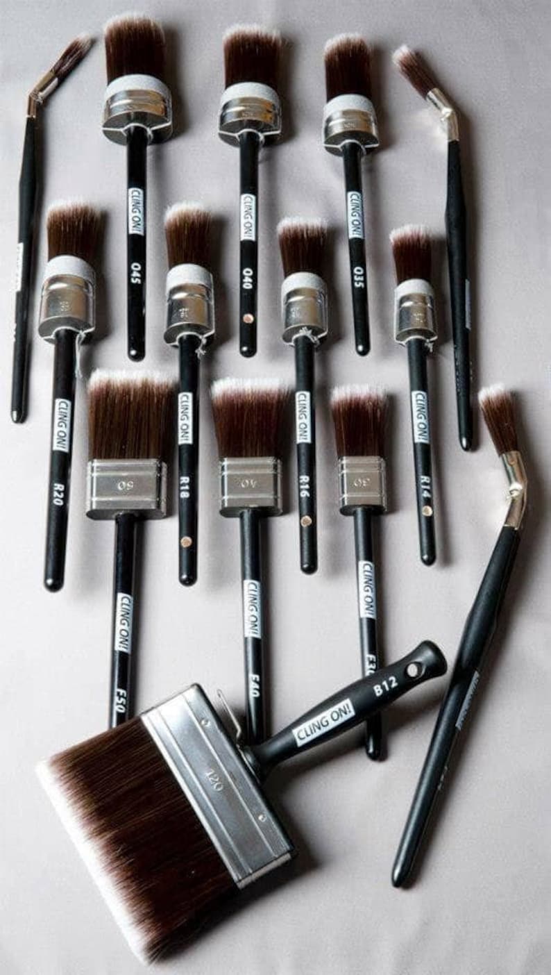 May include: An assortment of paint brushes with dark brown bristles and black handles. The brushes vary in size and shape, with some having rounded heads and others rectangular. The text "CLING ON!" is printed on the handles.