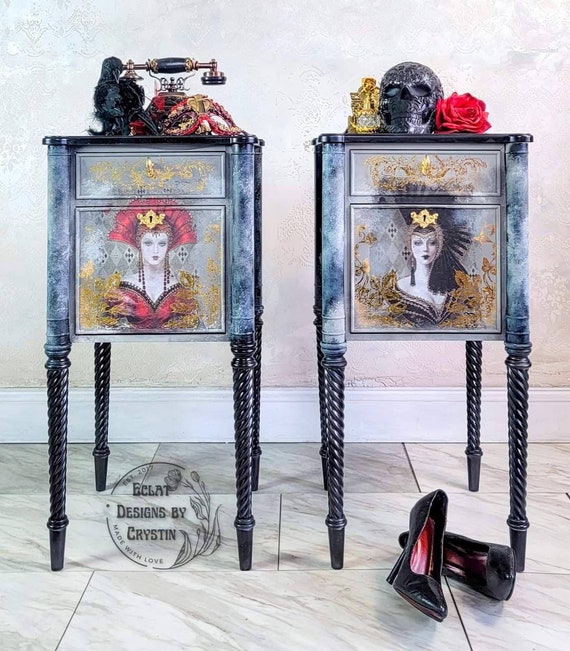 Medieval Red and Black Queen Nightstands, Gothic End Tables, Hand painted Bedroom Gothic Home Decor Furniture Set of 2 , Handmade Furniture