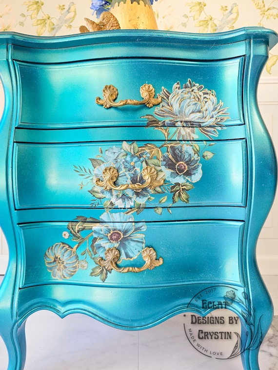 Hand-painted Gilded Floral Turquoise End Table - Vintage Bedroom Furniture - 3 Drawers