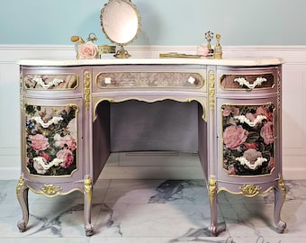 Blushing Blooms Symphony Antique Kidney Desk - Faux Marble Top, 7 Drawers, Wrap Around Design, Metallic Lavender Color Vanity Desk