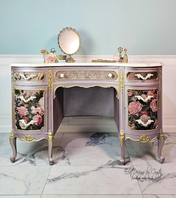 Blushing Blooms Symphony Antique Kidney Desk - Faux Marble Top, 7 Drawers, Wrap Around Design, Metallic Lavender Color Vanity Desk