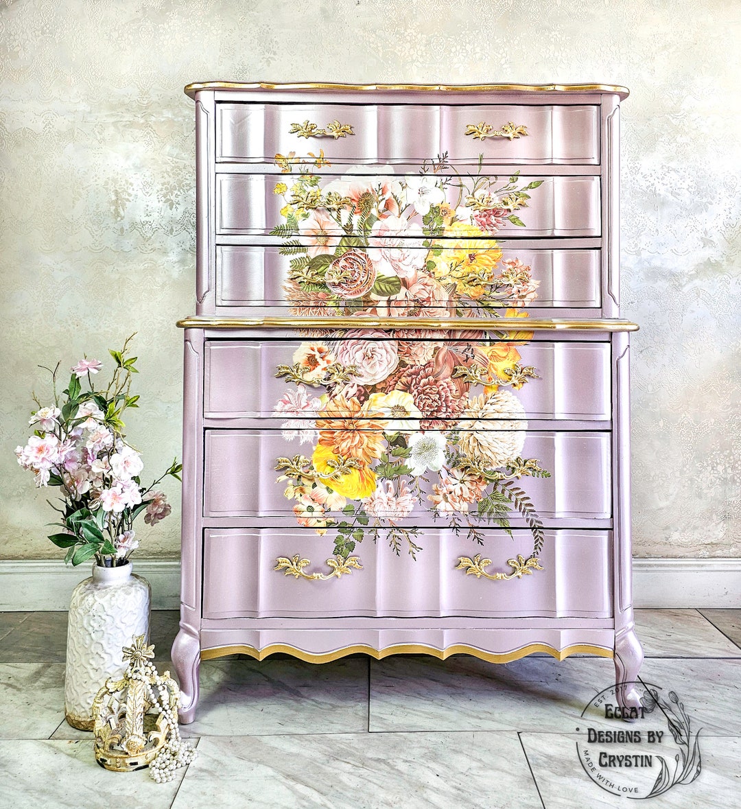 トップス draw drawers flower T Woodland Floral Dresser, Rose Metallic Antique Chest of Drawers - Etsy