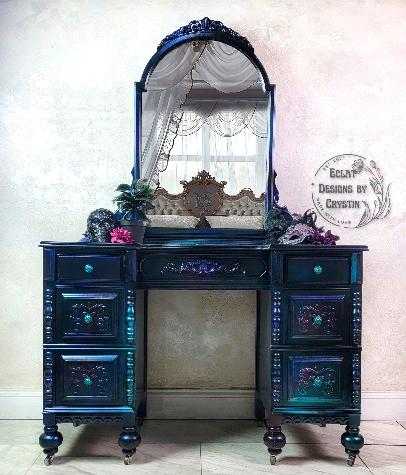 Custom Gothic Carnival Glass Vanity Table With Mirror, Hand-painted ...