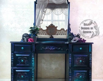 SOLD Gothic Carnival Glass Bedroom Vanity Table with Mirror, Makeup Table, Dressing Table, Hand painted, Custom , Antique, BDSM, Handmade