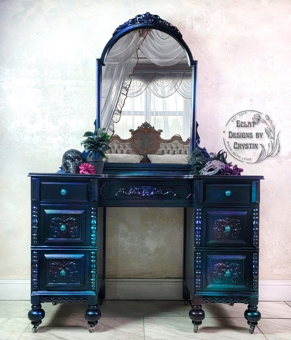 SOLD Gothic Carnival Glass Bedroom Vanity Table with Mirror, Makeup Table, Dressing Table, Hand painted, Custom , Antique, BDSM, Handmade