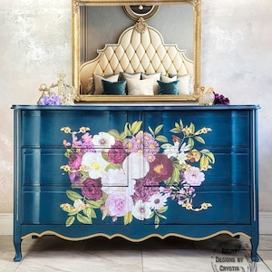 Hand-Painted Royal Blue French Provincial Dresser, Floral Bouquet, Vintage Chest of Drawers