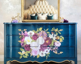 country blue dresser Free Shipping! French Dresser: Floral Chateau Chest of Drawers Restored Nickel Finish Hardware For Love & Lemons Mini Dress Blue & White Clothing Size:M/ US 8