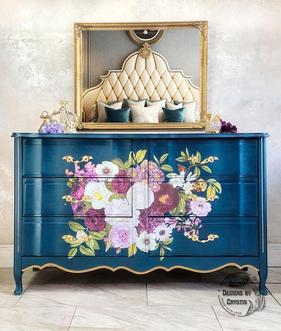 Royal Blue Dresser French Provincial Dresser, Chest of Drawers, Vintage Furniture, Bedroom Drawers, Wide Dresser, Handmade, Hand-painted
