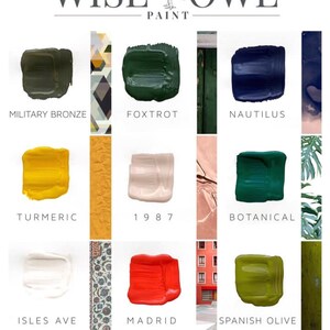 May include: A color chart showing 10 paint colors from Wise Owl Paint. The colors are: Military Bronze, Foxtrot, Nautilus, Turmeric, 1987, Botanical, Isles Ave, Madrid, Spanish Olive, and Wise Owl Paint.