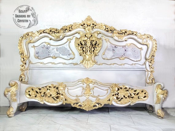 Wood Rococo, Pearl Pink Rococo King Size Bed frame, Headboard,  Footboard, Antique, Custom Bedroom Set, Hand painted, Handmade