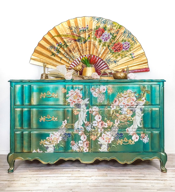 Custom 6 Drawers Long Dresser  |  French Provincial |  Japanese Furniture | Bohemian | Boho Dresser | Handmade | Hanpainted