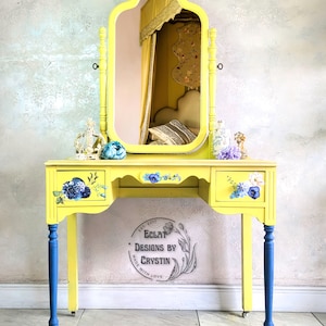 Yellow Vanity with Mirror, Makeup Table, Dressing Table, Hand painted, Wood, Antique Table, Makeup Vanity,  Handmade