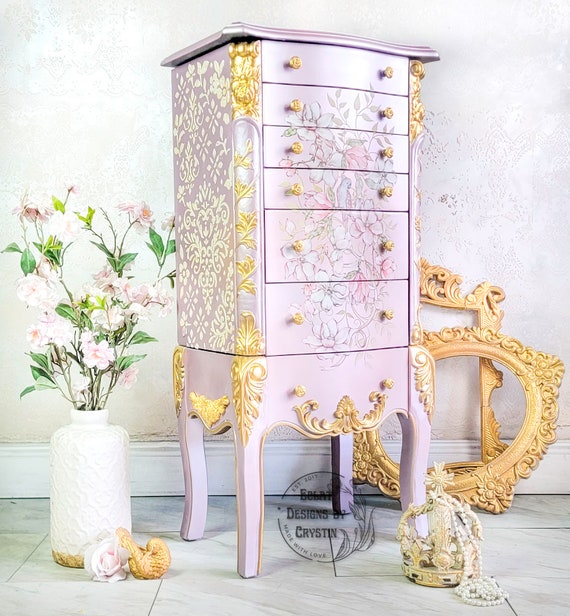 Lavender Love Bird Wood Jewelry Armoire, Jewelry Stand Box, Jewelry Organizer, Ring Holder Necklace, Earrings, Handmade