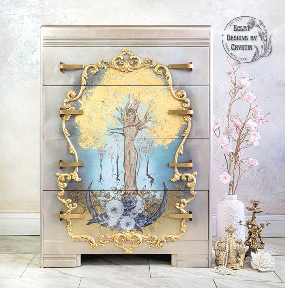 Dryad Tree of Life Art Deco Wood Dresser, Chest of Drawers, Bureau Antique Hand painted Bedroom Furniture, Pagan, Handmade