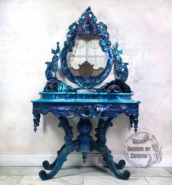 SOLD Custom Hand painted Carnival Glass Vanity Table with Top Mirror, Antique Furniture, Handmade