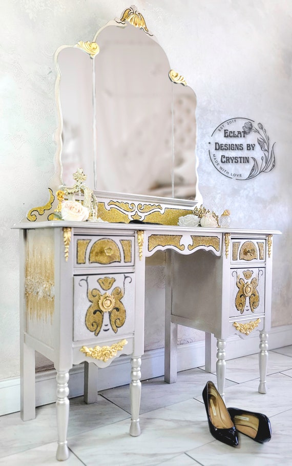 1920s Antique Bedroom Vanity Table With Mirror Chair, Hand 