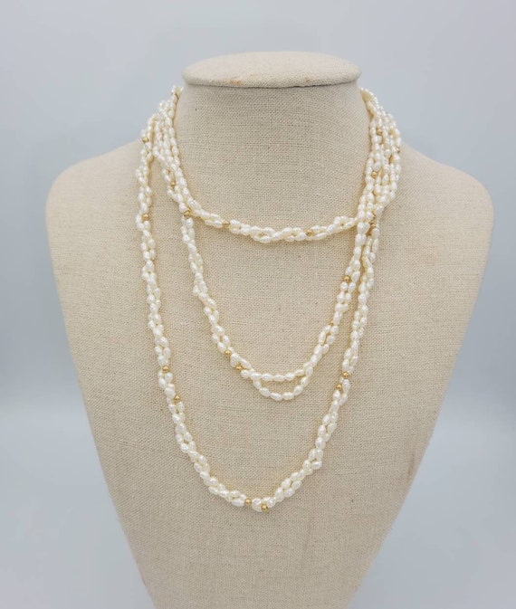 14K Freshwater Rice Pearl and Gold Bead Double Strand Necklace