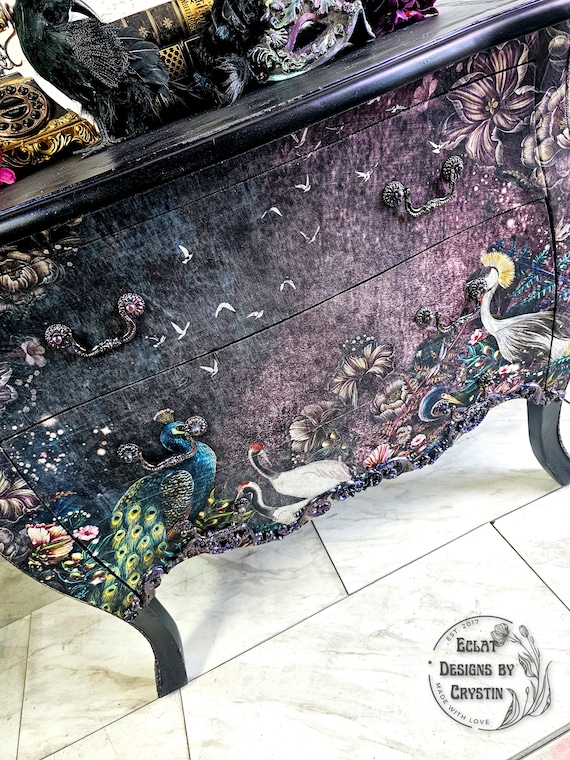 Custom Midnight Garden Birds and Blooms Bombe Chest, Side Table