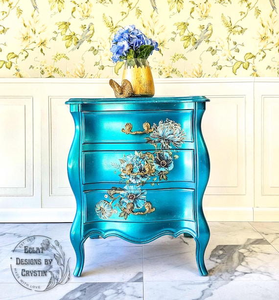 Hand-Painted Gilded Floral Turquoise End Table - Vintage Bedroom Furniture - 3 Drawers