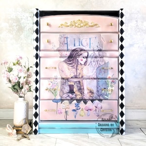 Alice in Wonderland Dresser, Wood Dresser, Chest of Drawers, Bureau Antique Hand painted Bedroom Furniture, Handmade, Upcycled
