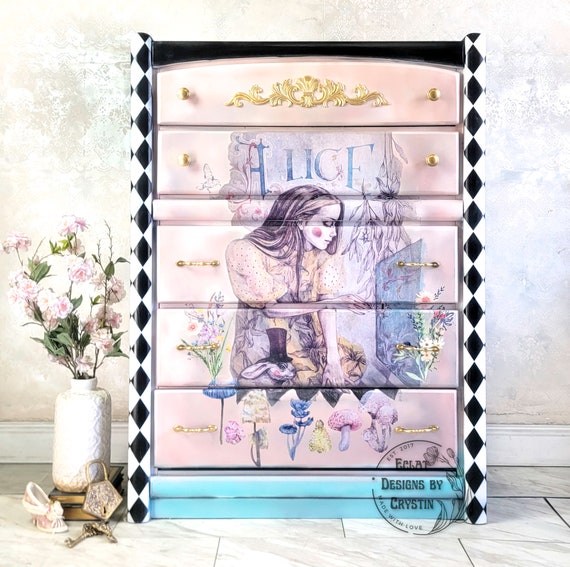 Alice in Wonderland Dresser, Wood Dresser, Chest of Drawers, Bureau Antique Hand painted Bedroom Furniture, Handmade, Upcycled