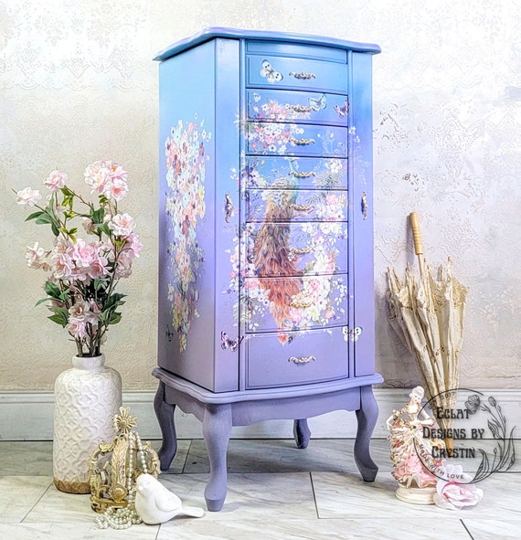 Peacock in Blooms Jewelry Armoire, Standing Jewelry Box, Jewelry Organizer, Necklace Hanger, Rings, Earrings, Hand painted, Handmade