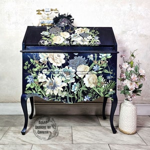 Cerulean Blooms Secretary Desk, Office Desk, Vanity Table, Wood Table Furniture, Handpainted, Upcycled, Office Furniture